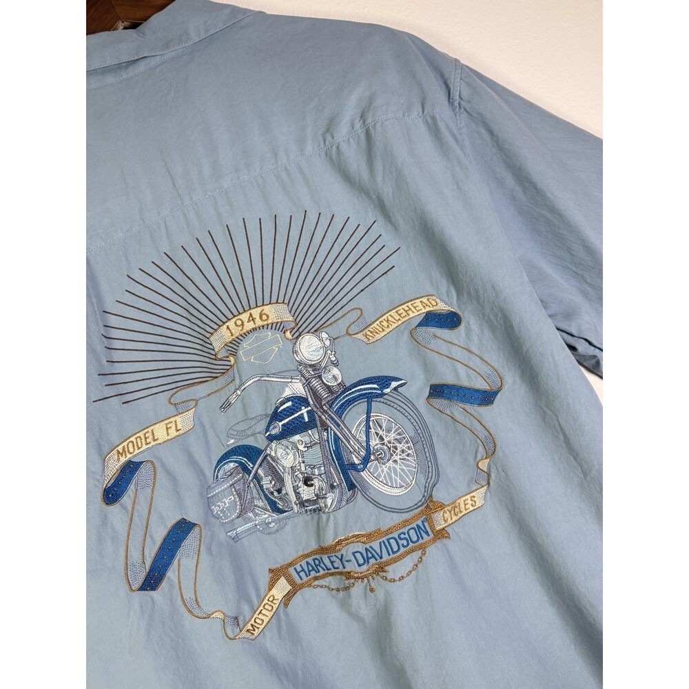 Harley-Davidson Camp Shirt Mens XL Blue Silk Motorcycle Embroidered Button Up